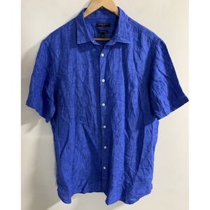 Banana Republic Linen Shirt Men's Large Camden Fit Royal Blue Short Sleeve Beach